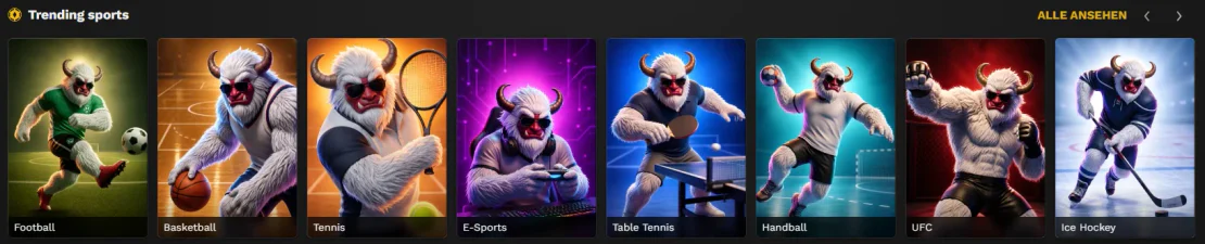 Beliebte Sportarten wie Fußball, Basketball, Tennis, E-Sport, Tischtennis, Handball, UFC und Eishockey